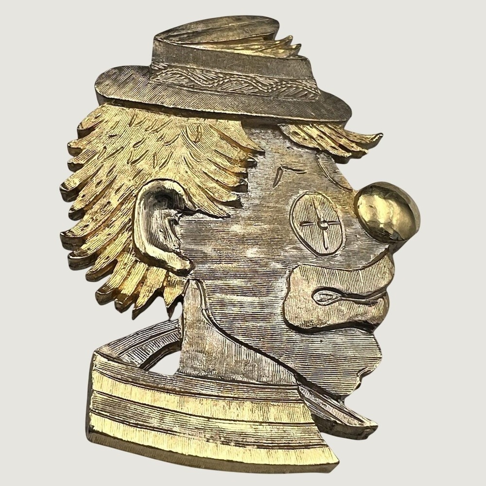 Vintage Star Sad Clown Brooch Gold Silver Tone Textured Metal Pin 2 Inch